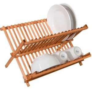 Dish Drying Rack 2 Tier Wood Folding Kitchen Storage Natural Brown Pine